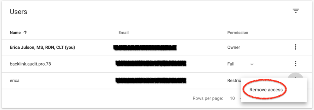 How to remove a users access in Google Search Console