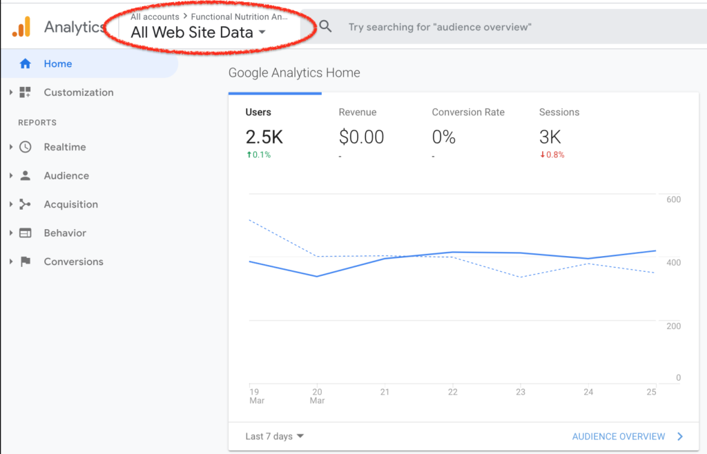 Select a property within Google Analytics