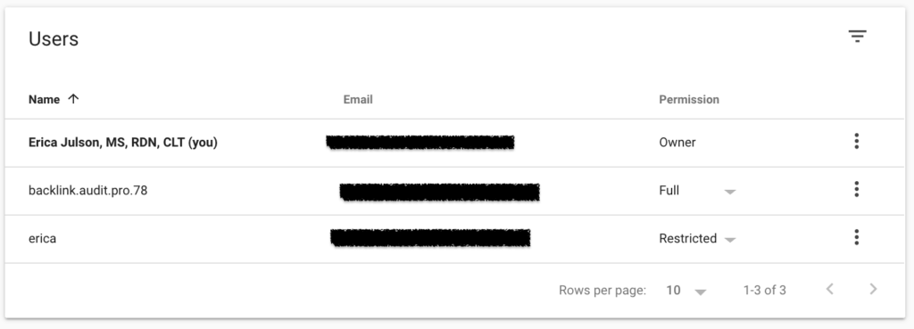 Verify the user is listed in Google Search Console