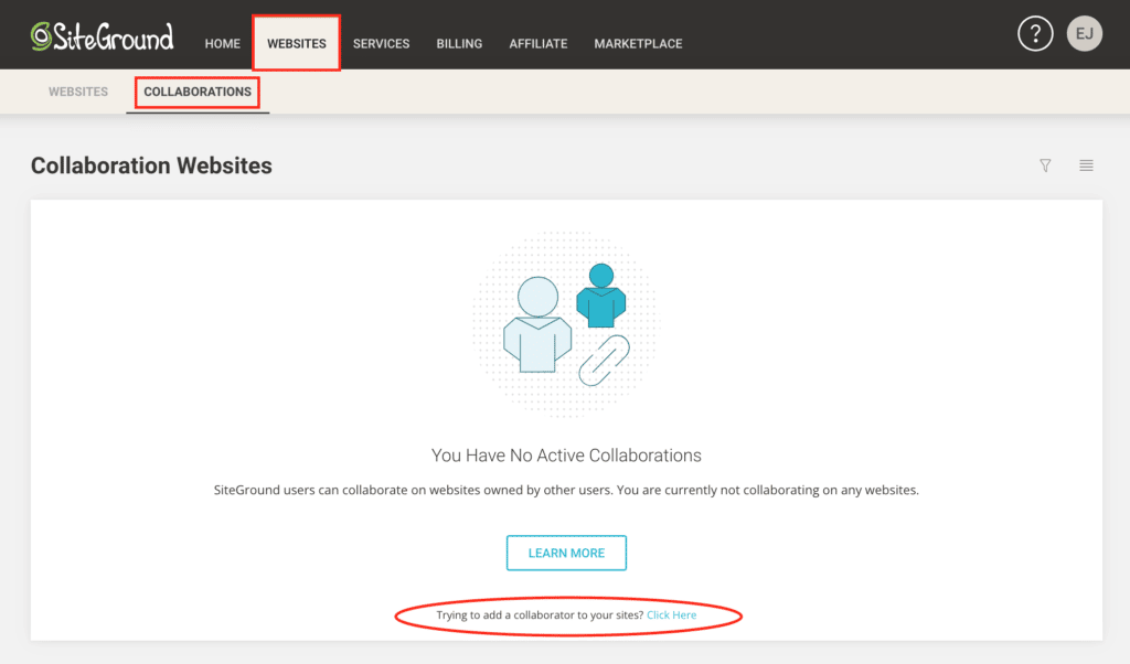 Screenshot of the siteground dashboard showing users to click on "websites', "collaborations" and add a collaborator