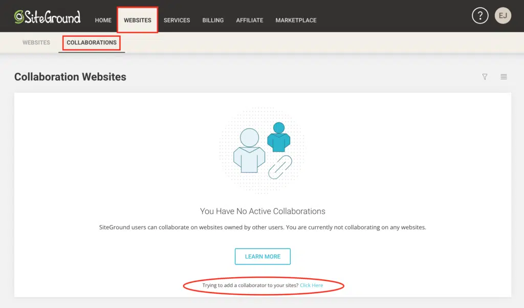 Screenshot of the siteground dashboard showing users to click on "websites', "collaborations" and add a collaborator