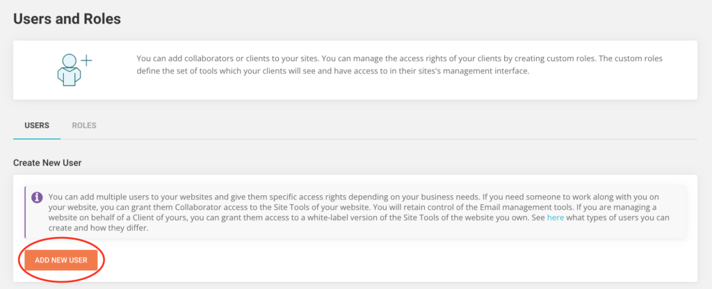 Screenshot of SiteGround account showing the Add New User button
