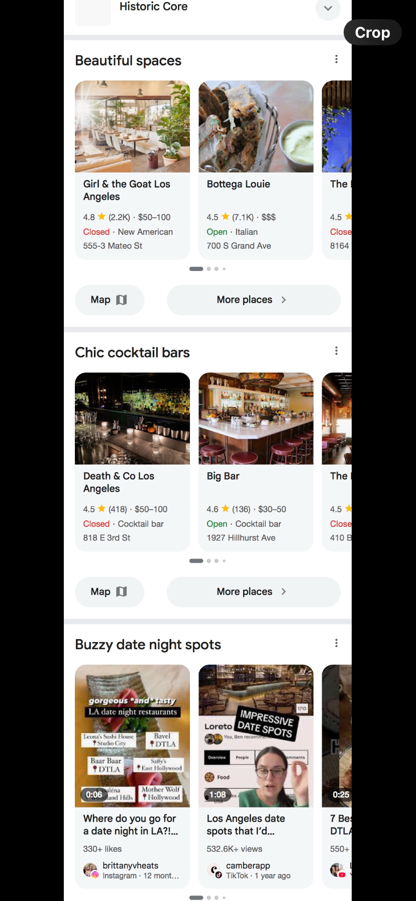 Example of AI Organized search results in the dining niche.