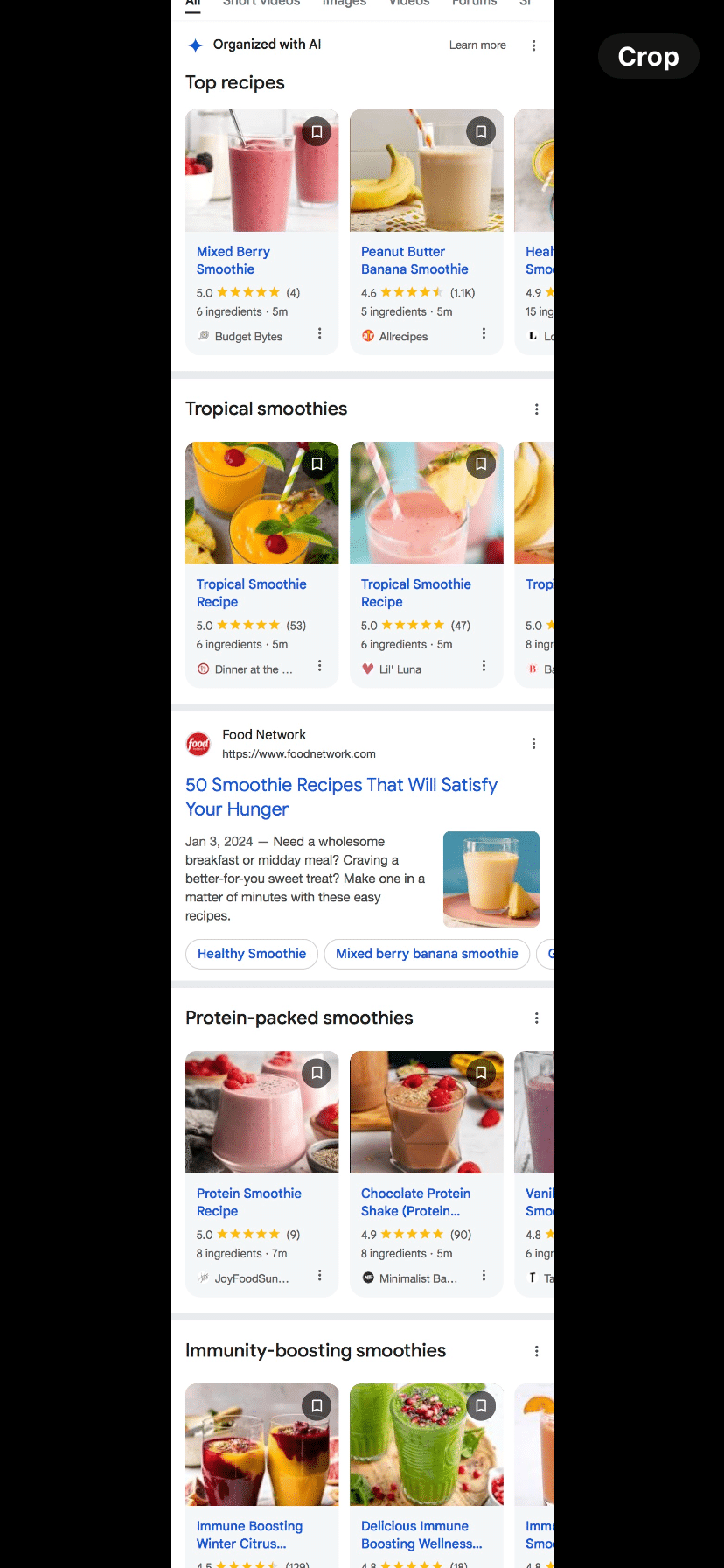 Example of AI Organized search results in the recipe niche.